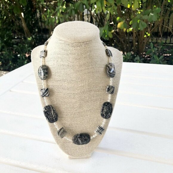 NWT Genuine Jasper & Pearls Beaded Necklace Black Gray White - Picture 1 of 4